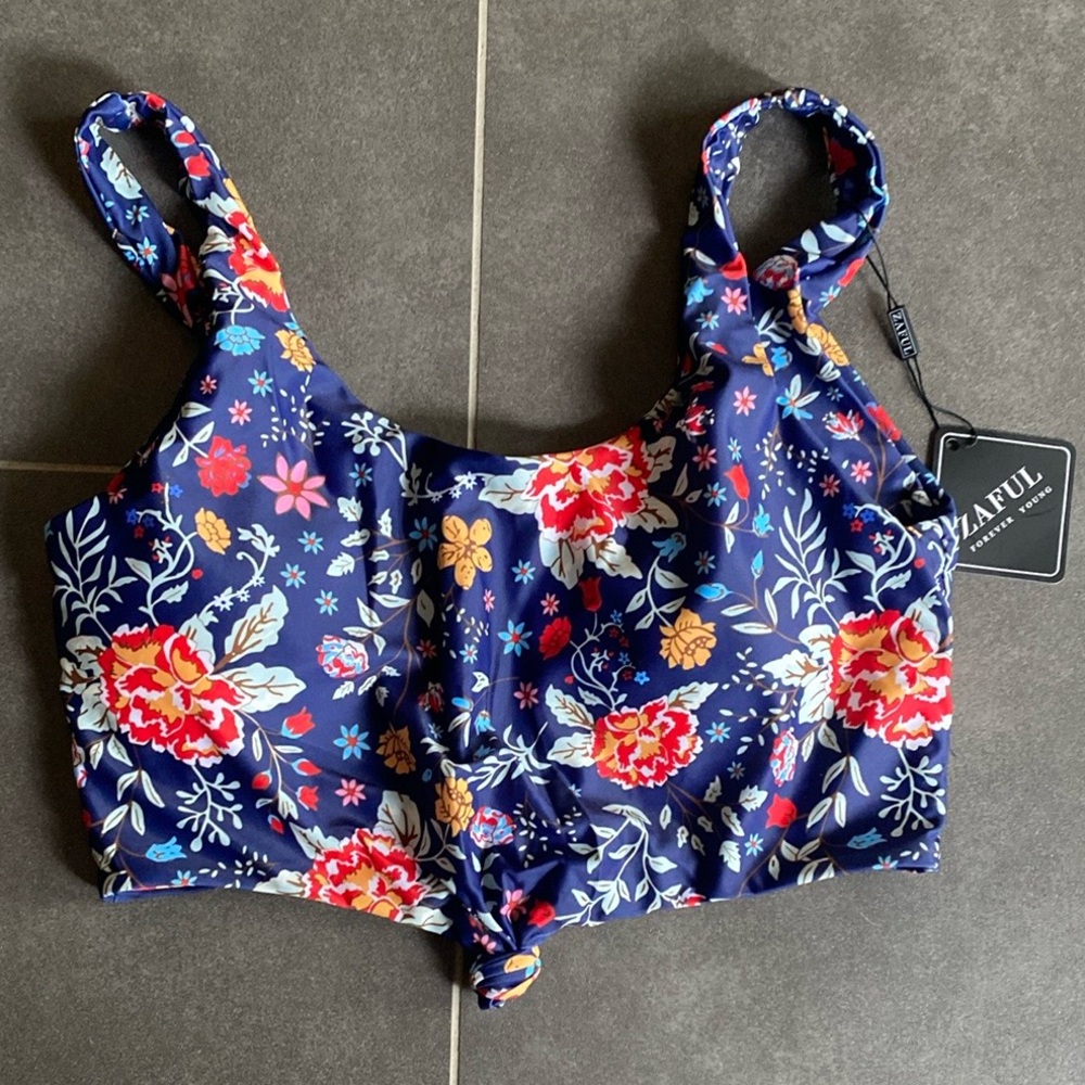 New Zaful blue floral bandeau style tie front swim bikini top womens size medium